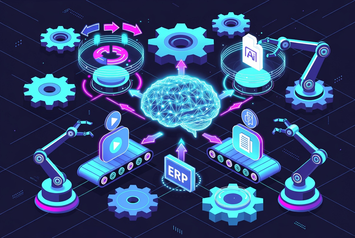 AI automation concept with interconnected gears robotic arms and glowing AI brain in cyan and magenta
