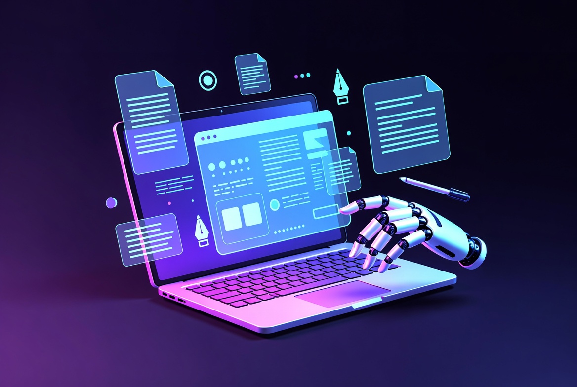AI writing tools concept illustration showing a futuristic laptop with holographic documents and robotic hand
