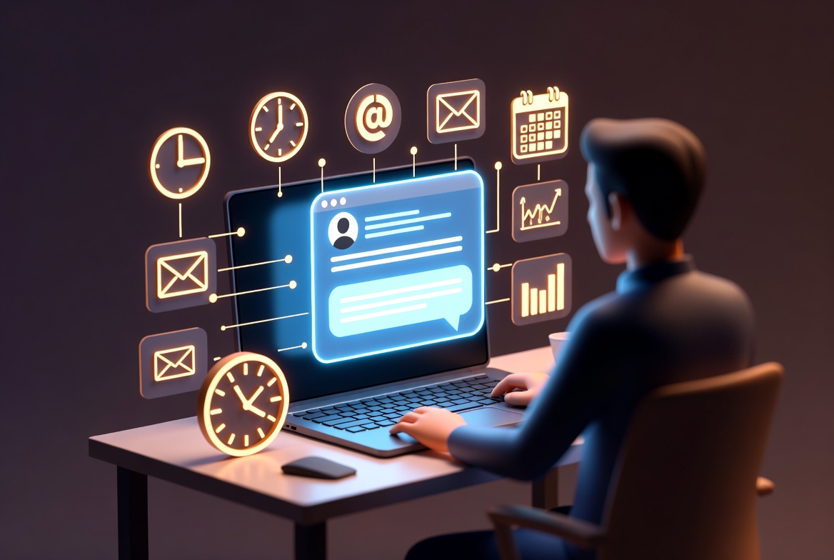 Small business owner using AI chat assistant with floating productivity icons in blue and gold