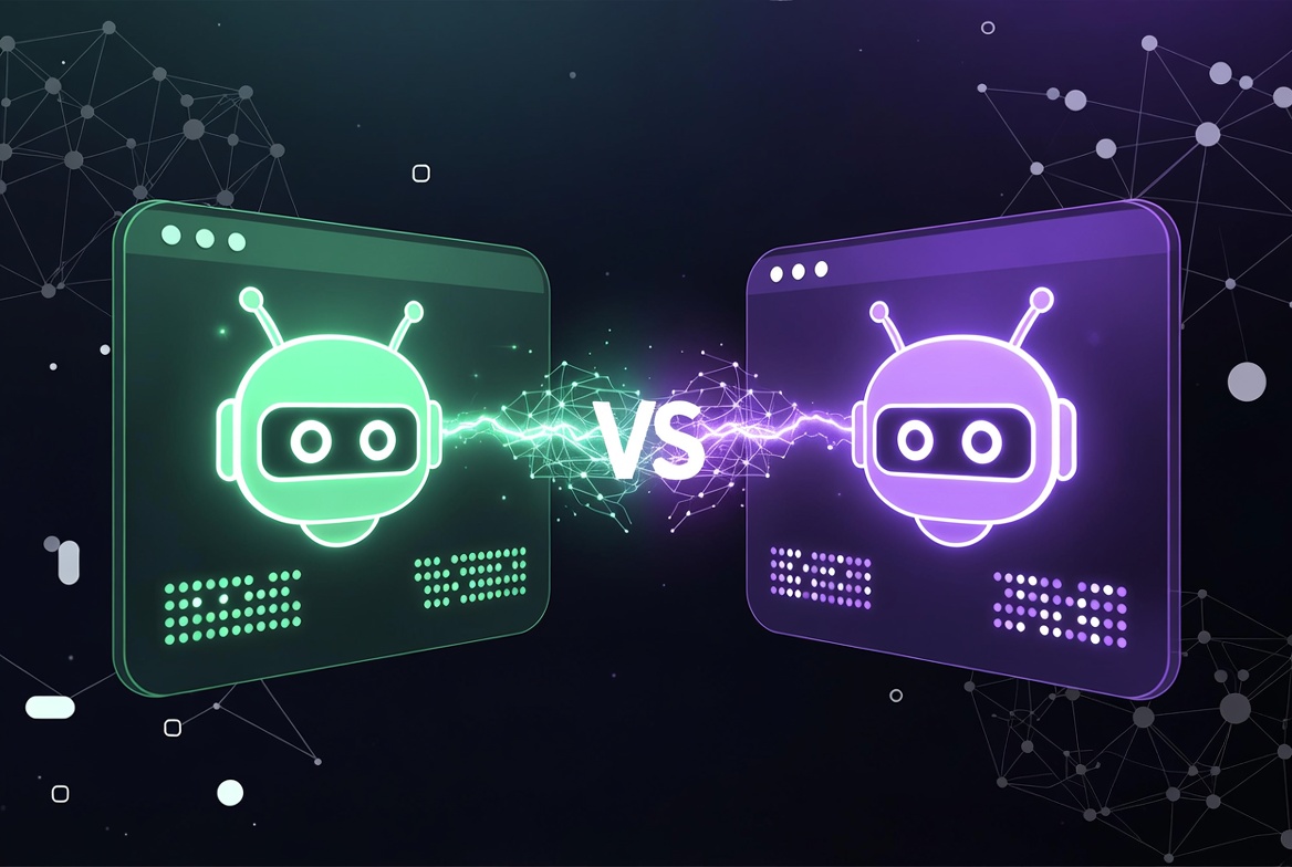 Two AI chatbot interfaces facing each other in a versus comparison with green and purple glow