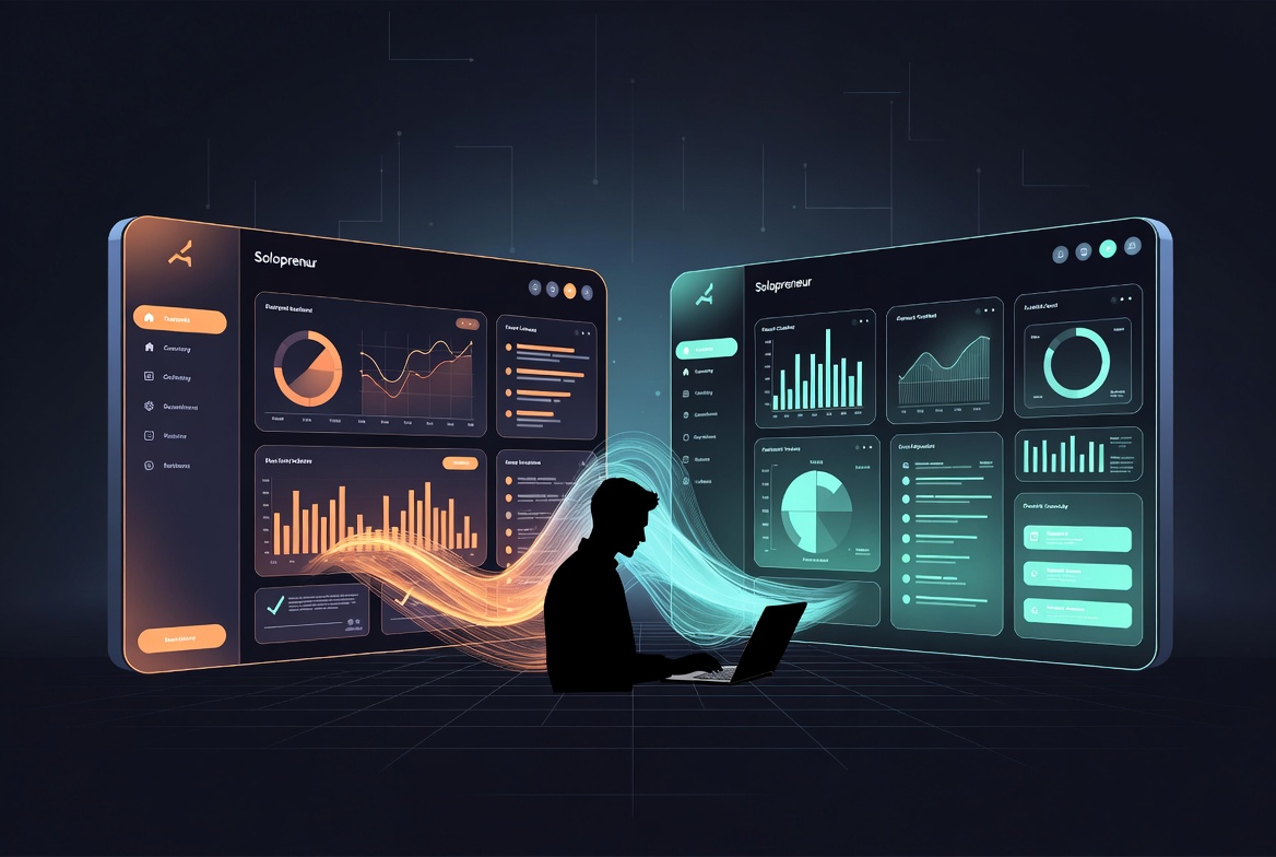 Two AI content platforms side by side with orange and teal accents and solopreneur silhouette
